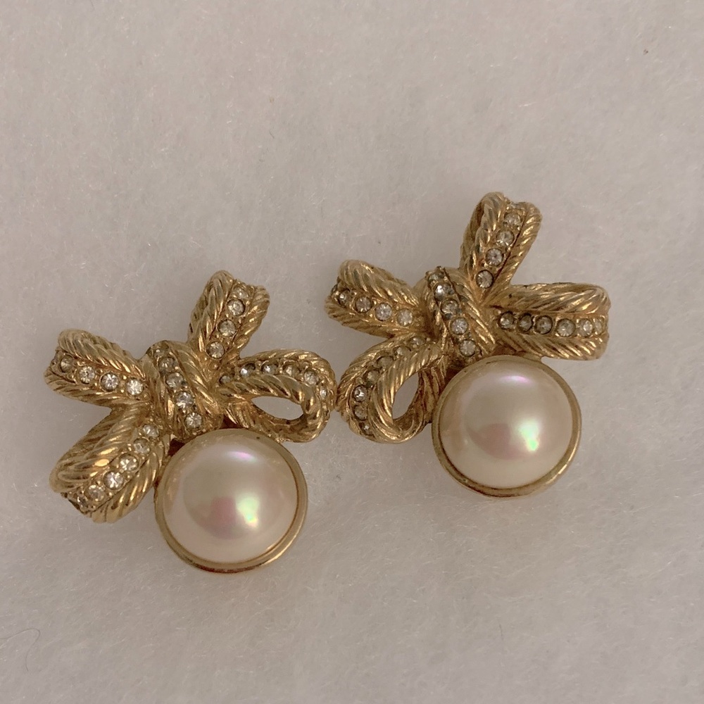 DIOR Goldtone Bow Earrings with Faux Pearls & Rhinestone